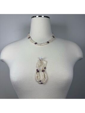 Pearl and Purple Bead Necklace and bracelet , 3 strand Vintage